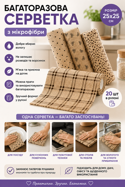 Багаторазові відривні серветки з мікрофібри у рулоні, 20 шт. 507-71 фото